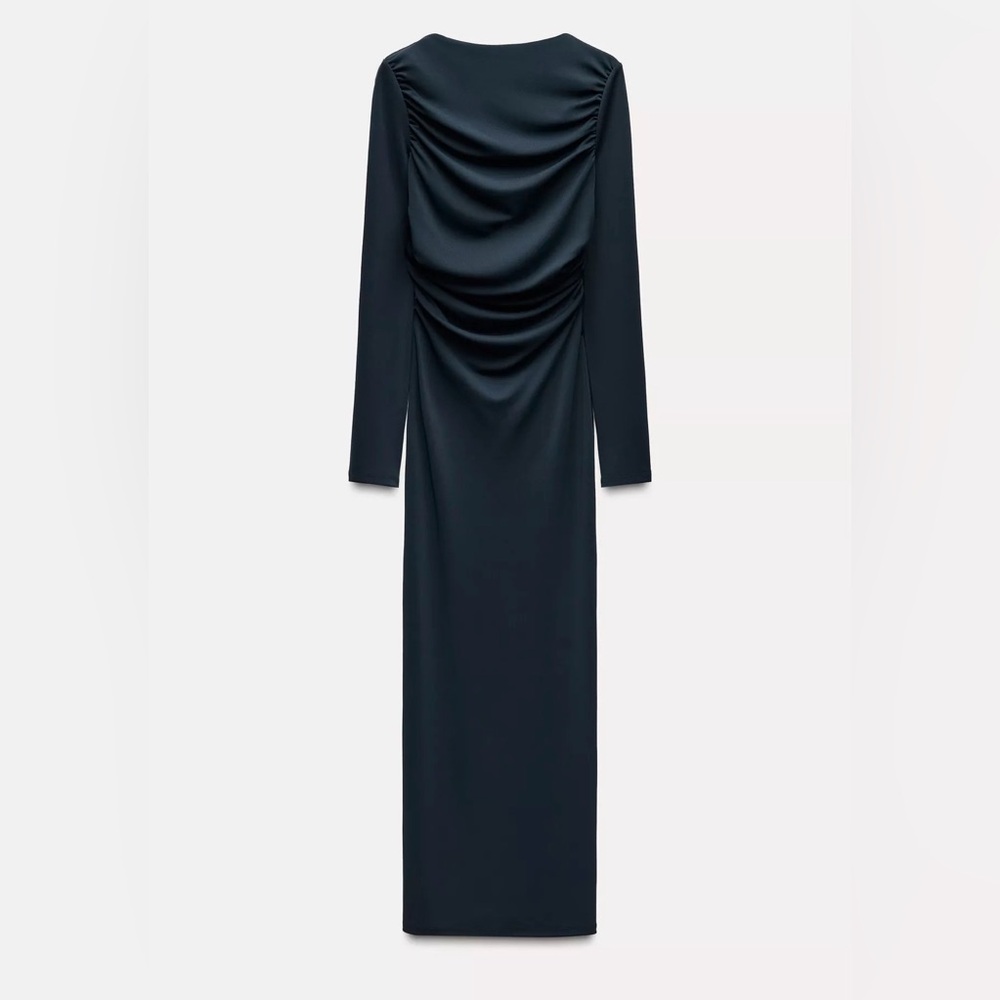 Zara Long Open Back Midi Dress Navy Blue Ruched Elegant Dress Size L